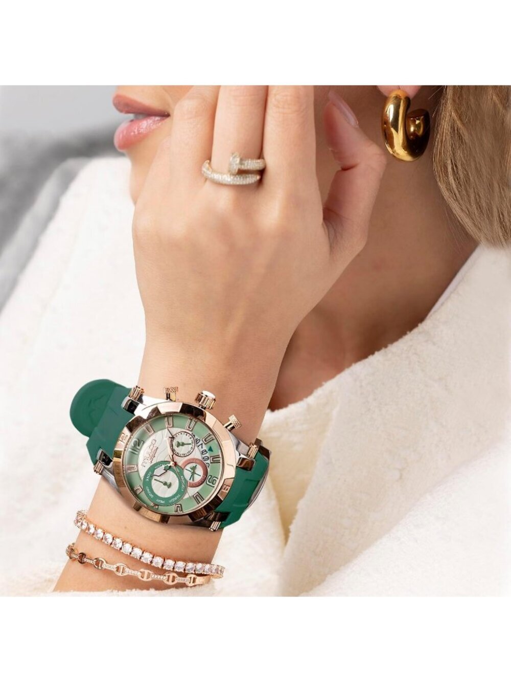 Women's Green Rose Gold Large Face Waterproof Stainless Steel Quartz Watches - Picture 5 of 7